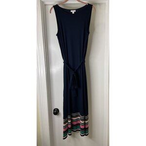 NWT J.Jill Womens Navy Blue Multi Striped Maxi Dress With Belt Size M